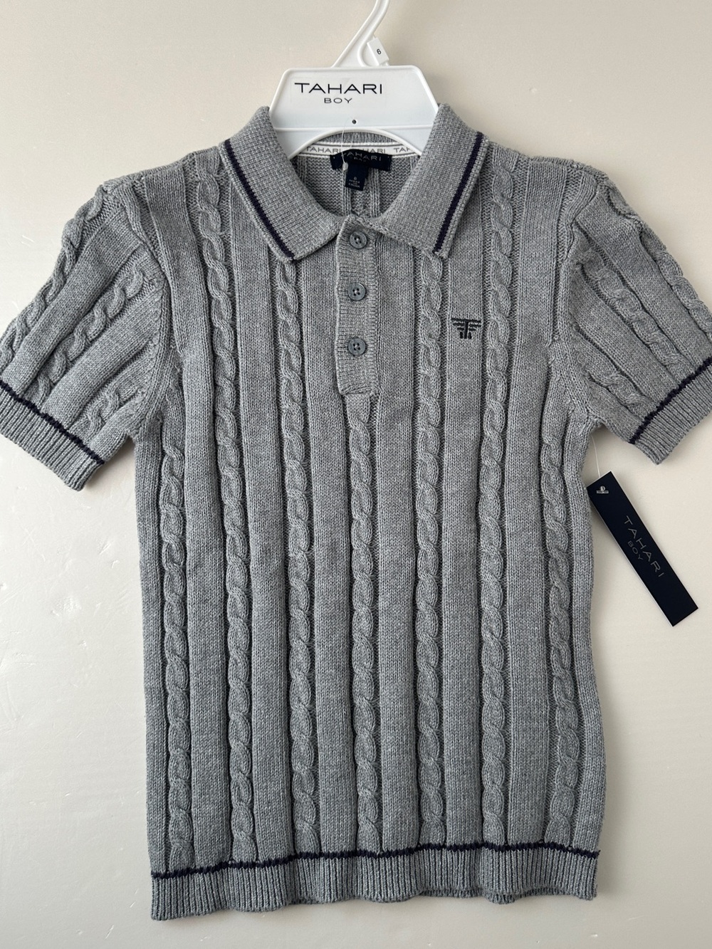 NWT Tahari Boy Grey Cable Knit Polo Holiday Sweater Size 6 Preppy